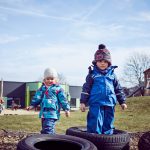 Das Bild zeigt zwei Kinder beim Spielen auf dem Außengelände.