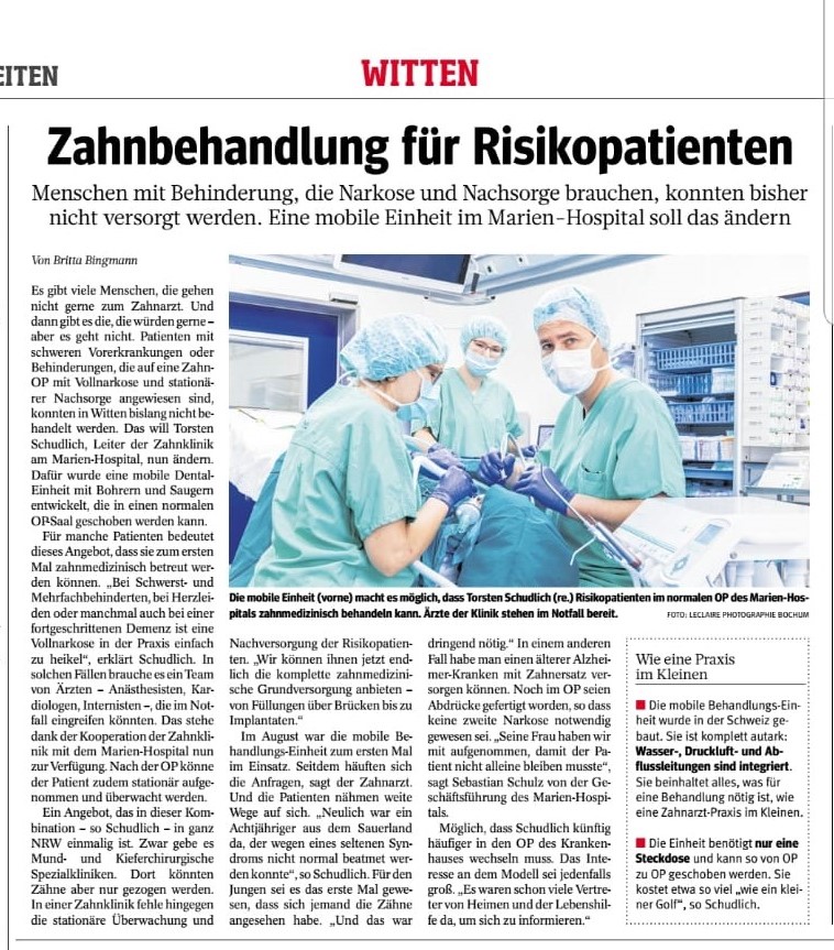 Das Bild zeigt den Zeitungsartikel in der WAZ zu der Kooperation mit der Zahnklinik.